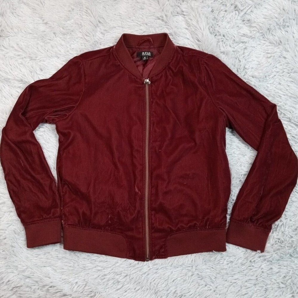 A.N.A. Womens Jacket Windbreaker Red Medium Velour Zip Up Lightweight‎
